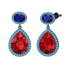 Garnet, lab safir ve akuamarin 925 ayar siyah rodyum kaplama gümüş küpe