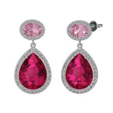 Rodolit garnet, pembe kuvars ve beyaz zirkon 18 ayar beyaz altın küpe