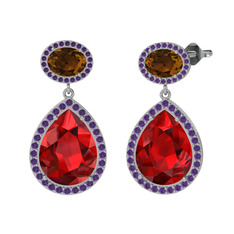 Lupine Küpe - Garnet, dumanlı kuvars ve ametist 14 ayar beyaz altın küpe #1xqennp