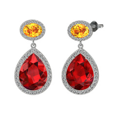 Garnet, sitrin ve beyaz zirkon 14 ayar beyaz altın küpe