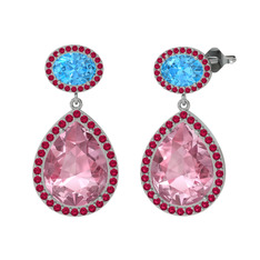 Pembe kuvars, akuamarin ve rodolit garnet 8 ayar beyaz altın küpe