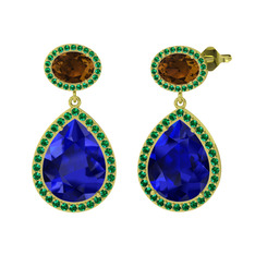 Lupine Küpe - Lab safir, dumanlı kuvars ve yeşil kuvars 8 ayar altın küpe #1yyzir0