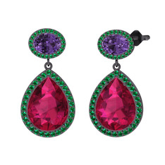 Lupine Küpe - Rodolit garnet, ametist ve yeşil kuvars 925 ayar siyah rodyum kaplama gümüş küpe #2q5j64