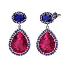 Lupine Küpe - Rodolit garnet, lab safir ve ametist 18 ayar beyaz altın küpe #362gn5