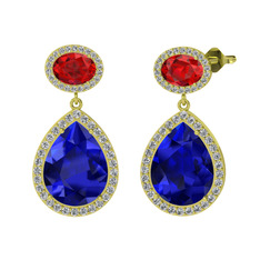 Lab safir, garnet ve beyaz zirkon 18 ayar altın küpe