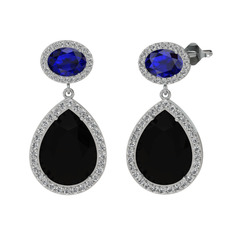 Siyah zirkon, lab safir ve beyaz zirkon 14 ayar beyaz altın küpe