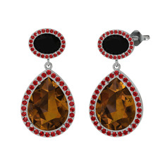 Dumanlı kuvars, siyah zirkon ve garnet 14 ayar beyaz altın küpe