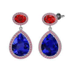 Lab safir, garnet ve pembe kuvars 14 ayar beyaz altın küpe
