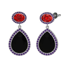 Lupine Küpe - Siyah zirkon, garnet ve ametist 18 ayar beyaz altın küpe #4ss70