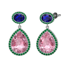 Pembe kuvars, lab safir ve yeşil kuvars 14 ayar beyaz altın küpe