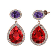 Garnet, ametist ve beyaz zirkon 14 ayar rose altın küpe