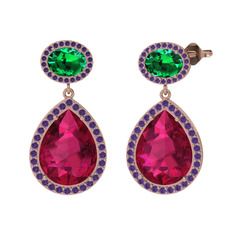 Rodolit garnet, yeşil kuvars ve ametist 18 ayar rose altın küpe