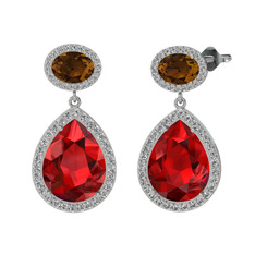 Lupine Küpe - Garnet, dumanlı kuvars ve beyaz zirkon 8 ayar beyaz altın küpe #5nygk7