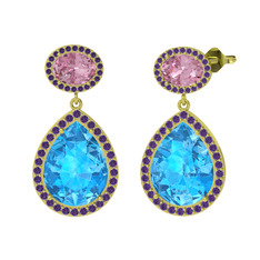 Lupine Küpe - Akuamarin, pembe kuvars ve ametist 8 ayar altın küpe #61n82g