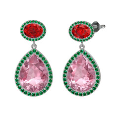 Pembe kuvars, garnet ve yeşil kuvars 925 ayar gümüş küpe