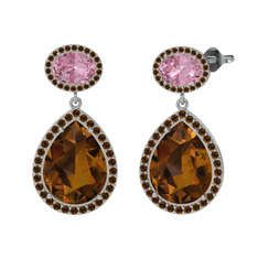 Dumanlı kuvars ve pembe kuvars 8 ayar beyaz altın küpe