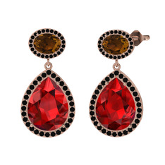 Lupine Küpe - Garnet, dumanlı kuvars ve siyah zirkon 14 ayar rose altın küpe #78w1sw