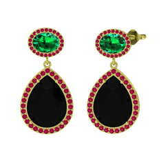 Siyah zirkon, yeşil kuvars ve rodolit garnet 14 ayar altın küpe