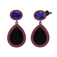 Siyah zirkon, lab safir ve rodolit garnet 925 ayar siyah rodyum kaplama gümüş küpe
