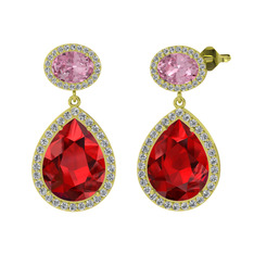 Garnet, pembe kuvars ve beyaz zirkon 8 ayar altın küpe
