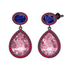 Pembe kuvars, lab safir ve rodolit garnet 925 ayar siyah rodyum kaplama gümüş küpe