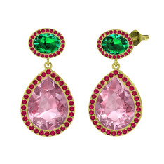 Pembe kuvars, yeşil kuvars ve rodolit garnet 14 ayar altın küpe
