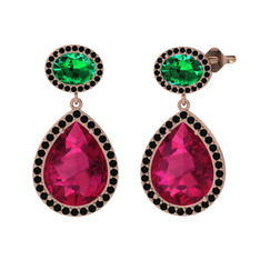 Rodolit garnet, yeşil kuvars ve siyah zirkon 18 ayar rose altın küpe