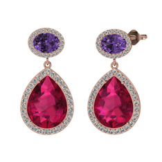 Rodolit garnet, ametist ve beyaz zirkon 14 ayar rose altın küpe
