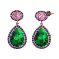 Lupine Küpe - Yeşil kuvars, pembe kuvars ve ametist 18 ayar rose altın küpe #9kfaeg