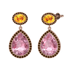 Lupine Küpe - Pembe kuvars, sitrin ve dumanlı kuvars 8 ayar rose altın küpe #a7a3bm