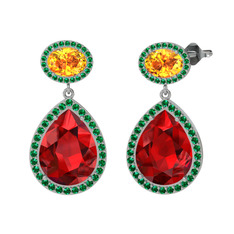 Lupine Küpe - Garnet, sitrin ve yeşil kuvars 18 ayar beyaz altın küpe #a9jssx