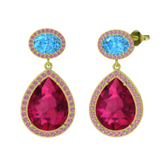 Rodolit garnet, akuamarin ve pembe kuvars 18 ayar altın küpe