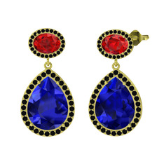 Lab safir, garnet ve siyah zirkon 18 ayar altın küpe