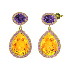 Sitrin, ametist ve pembe kuvars 8 ayar altın küpe