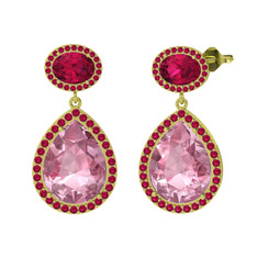 Pembe kuvars ve rodolit garnet 18 ayar altın küpe