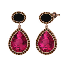 Rodolit garnet, siyah zirkon ve dumanlı kuvars 14 ayar rose altın küpe