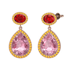 Pembe kuvars, garnet ve sitrin 18 ayar rose altın küpe