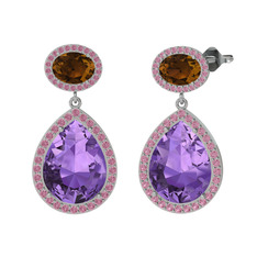 Lupine Küpe - Ametist, dumanlı kuvars ve pembe kuvars 14 ayar beyaz altın küpe #cuo0ef