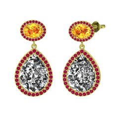 Beyaz zirkon, sitrin ve rodolit garnet 18 ayar altın küpe