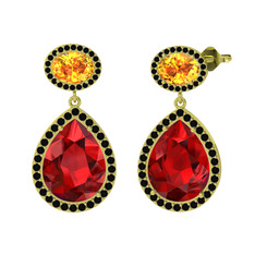 Garnet, sitrin ve siyah zirkon 18 ayar altın küpe