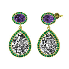 Beyaz zirkon, ametist ve yeşil kuvars 8 ayar altın küpe