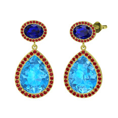 Akuamarin, lab safir ve garnet 18 ayar altın küpe