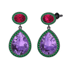 Lupine Küpe - Ametist, rodolit garnet ve yeşil kuvars 925 ayar siyah rodyum kaplama gümüş küpe #eyxxqn