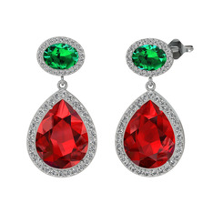 Garnet, yeşil kuvars ve beyaz zirkon 14 ayar beyaz altın küpe
