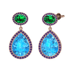 Akuamarin, yeşil kuvars ve ametist 18 ayar rose altın küpe