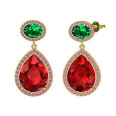 Garnet, yeşil kuvars ve pembe kuvars 8 ayar altın küpe