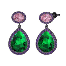 Lupine Küpe - Yeşil kuvars, pembe kuvars ve ametist 925 ayar siyah rodyum kaplama gümüş küpe #gwgzdp