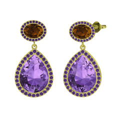 Ametist ve dumanlı kuvars 925 ayar altın kaplama gümüş küpe