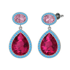 Rodolit garnet, pembe kuvars ve akuamarin 18 ayar beyaz altın küpe