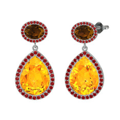 Sitrin, dumanlı kuvars ve garnet 14 ayar beyaz altın küpe